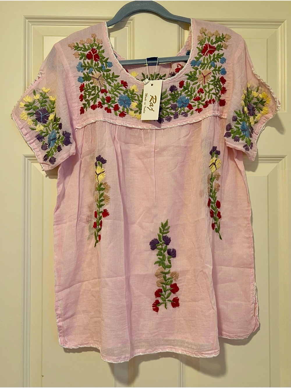 Raj Hand-Embroidered Pink Floral Cotton Blouse made in India